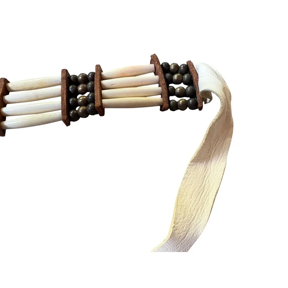 Vintage Style Bone Hairpipe Choker Necklace Leather Tie Wood Bead Tribal Boho